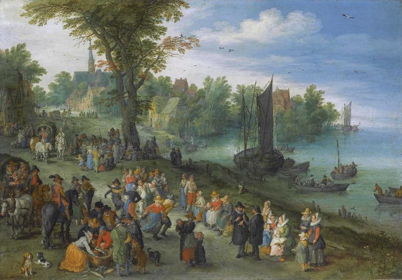 Jan Brueghel People dancing on a river bank oil painting picture